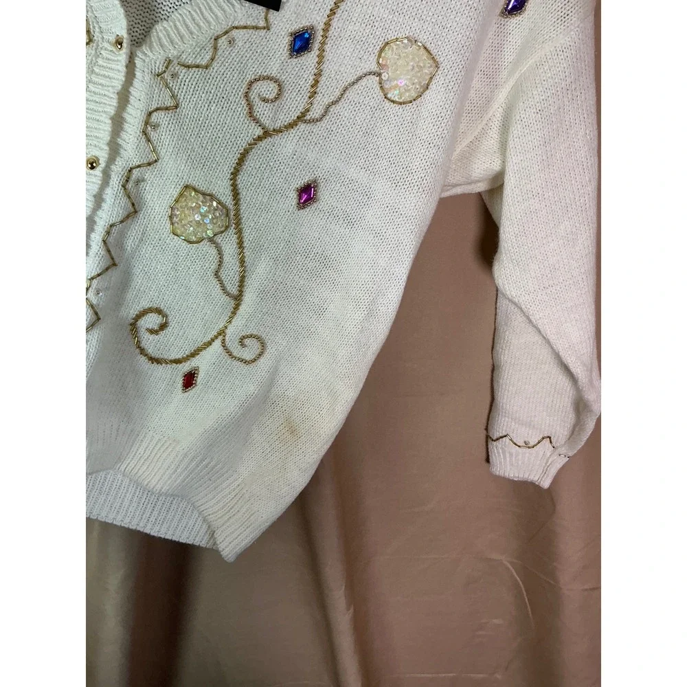 Exclusive Imports Cardigan Womens Medium Cream NWT Beaded Sequin Vintage V-Neck